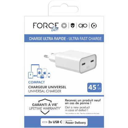 Chargeur secteur 45 W Force Power Lite, 2 ports USB-C, recyclé