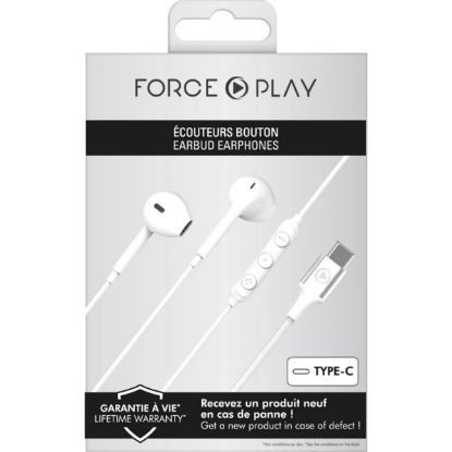Écouteurs filaires USB-C Force Play, blancs, garantis à vie