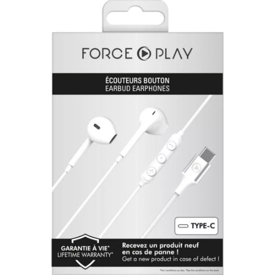 Écouteurs filaires USB-C Force Play, blancs, garantis à vie