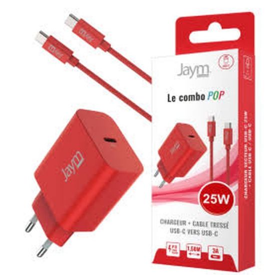 Pack Jaym POP : chargeur USB-C 25 W + câble USB-C 1,5 m, rouge