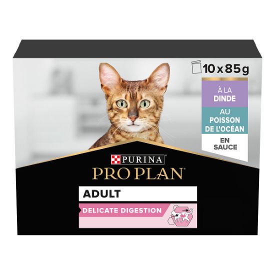 Pâtée chat Purina Pro Plan Delicate multivariété dinde et poisson – pochons 10 × 85 g