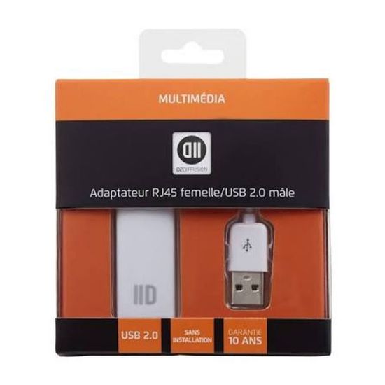 Adaptateur USB 2.0 vers Ethernet RJ45 D2 Diffusion, blanc