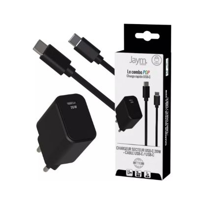Pack Jaym POP : chargeur USB-C 20 W + câble USB-C, noir