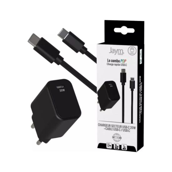 Pack Jaym POP : chargeur USB-C 20 W + câble USB-C, noir