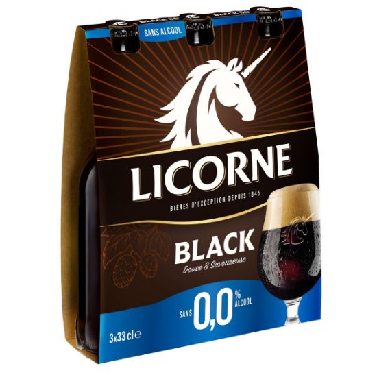 Bière sans alcool Licorne Black – pack de 3 × 33 cl