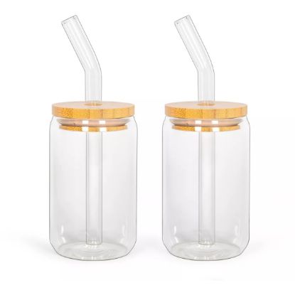 Set de 2 verres borosilicate 350 ml avec pailles en verre et couvercles bambou – Livoo MEN413 – transparent