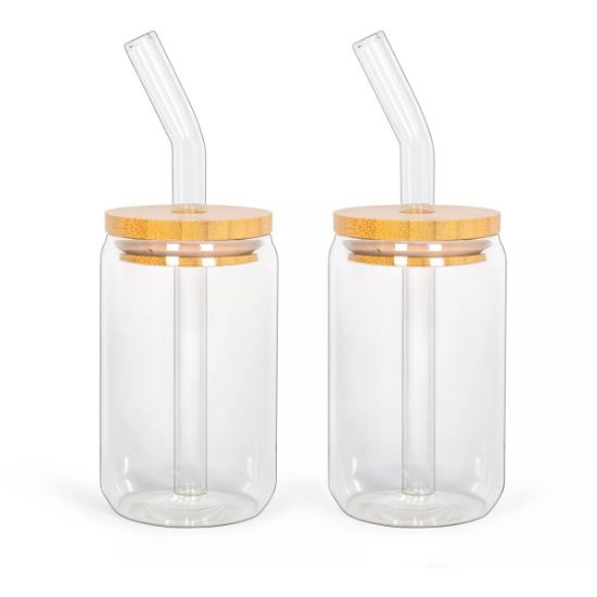Set de 2 verres borosilicate 350 ml avec pailles en verre et couvercles bambou – Livoo MEN413 – transparent