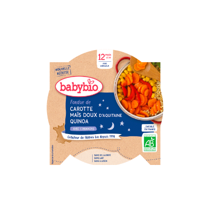 Picture of Assiette du soir bébé dès 12 mois, Fondue de Carotte Maïs doux Quinoa à coriandre Babybio - 230g