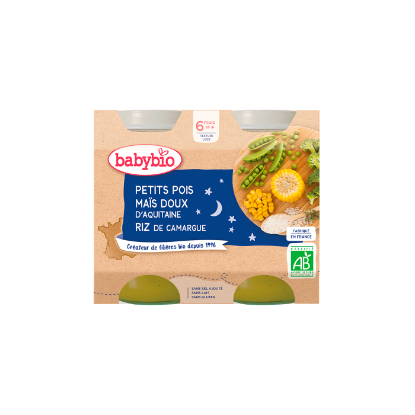 Image de Petits pots du soir bébé dès 6 mois, Petits pois Maïs doux Riz Babybio - 2x200g