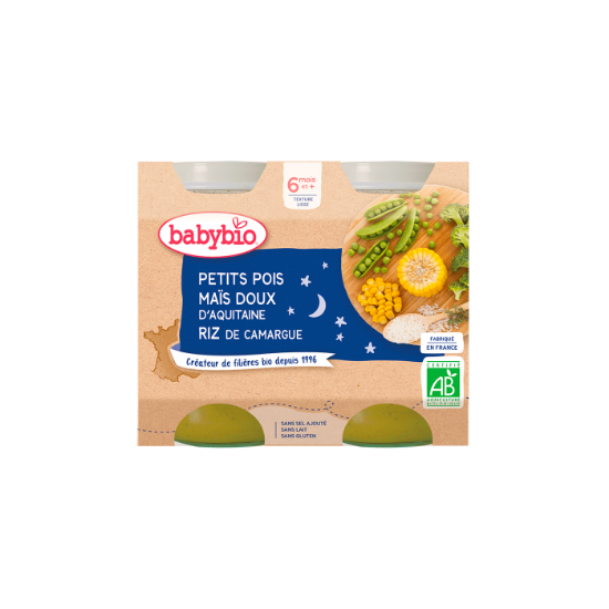 Image de Petits pots du soir bébé dès 6 mois, Petits pois Maïs doux Riz Babybio - 2x200g