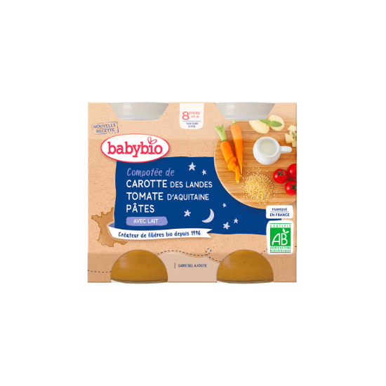 Image de Petits pots du soir bébé dès 8 mois, Compotée de Carotte Tomate Pâtes Babybio - 2x200g