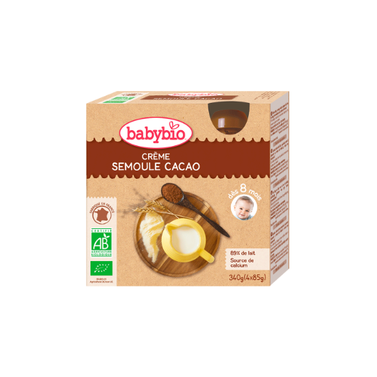 Image de Dessert lacté bébé dès 8 mois, Crème Semoule Cacao babybio - Gourdes 4 x 85g