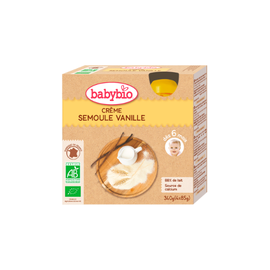 Image de Dessert lacté bébé dès 6 mois, Crème Semoule Vanille Babybio - Gourdes 4 x 85g