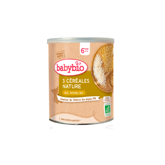 Picture of Céréales bébé dès 6 mois, Trois Céréales Nature Blé Avoine Riz Babybio - 220g
