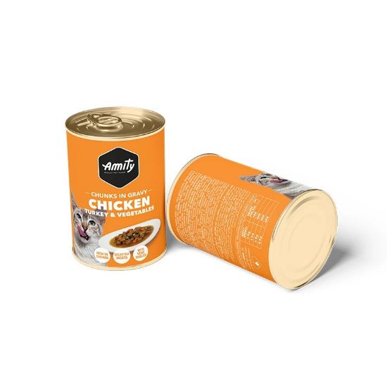 Pâtée chat Amity bouchées en sauce au poulet – boîte 415 g
