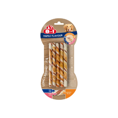 8 in 1 TRIPLE FLAVOUR Sticks bâtonnets Torsadés  à Mâcher pour Chien de 2 à 12 Kg - x10