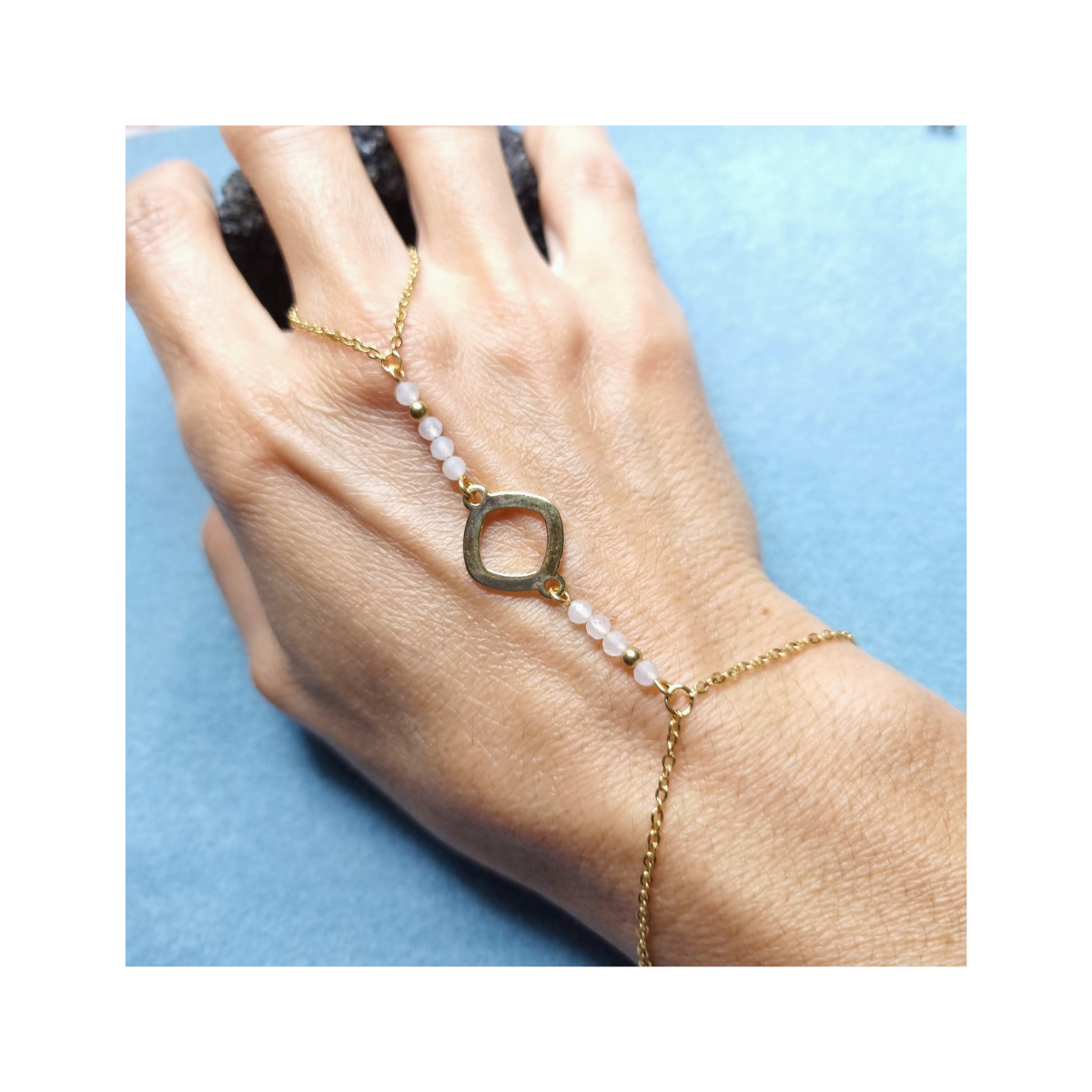 Bracelet Métal Doré Quartz Rose – 20cm, 17g, Occasion – Style Bohème Chic