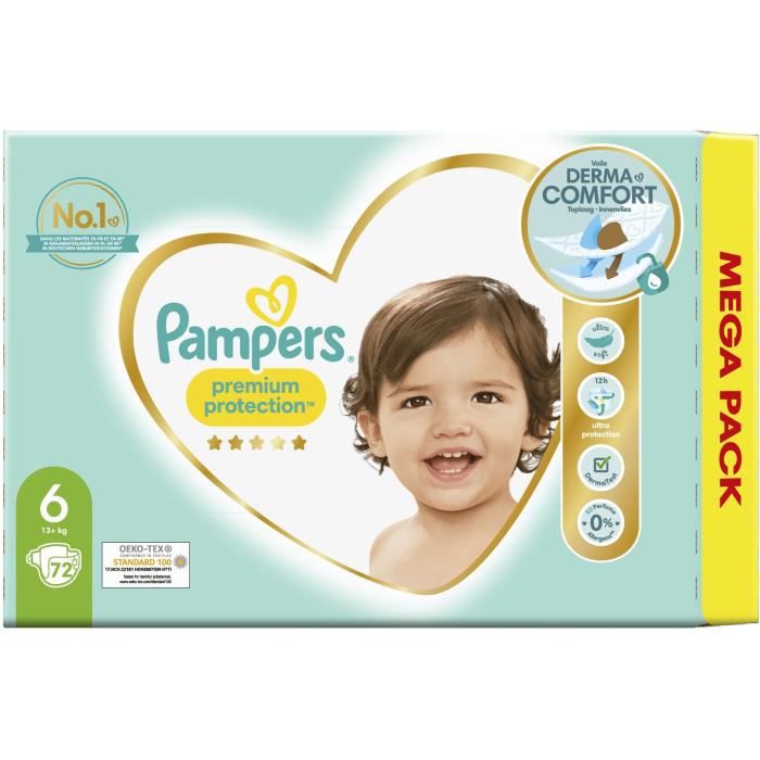 Couches Bébé Pampers Premium Protection Taille 6, 1116 kg, Carton 72
