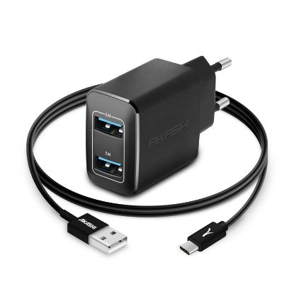 Image de Pack chargeur secteur 2,4A + câble type C USB-C Noir 1m - Akashi