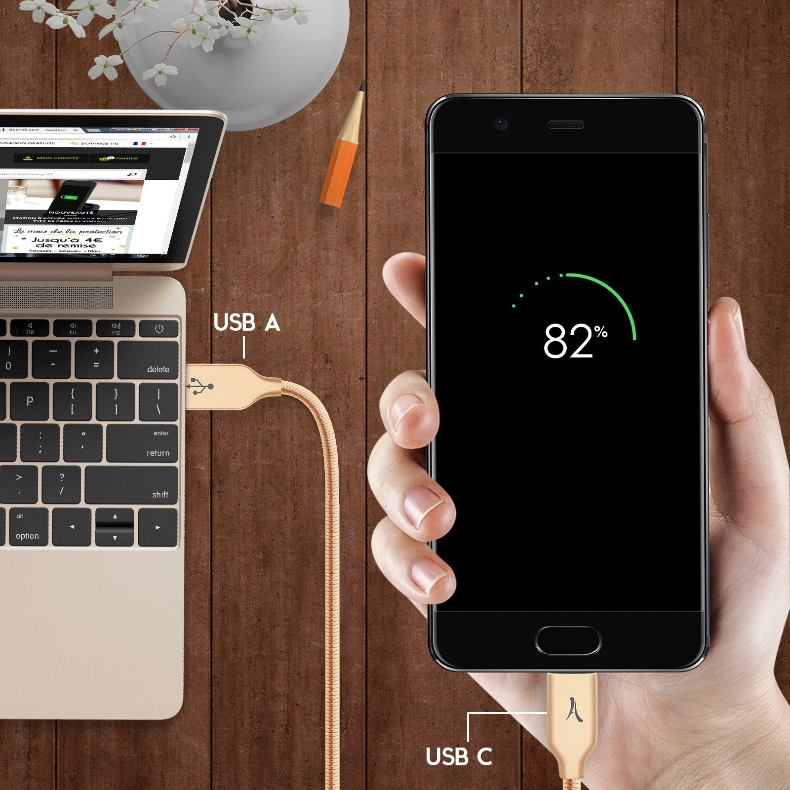 Câble USB TYPE-C métal incasssable Or 1m - Akashi | ChezVous.re ...