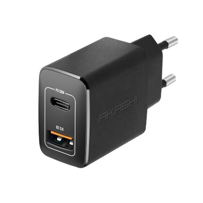 Image de Prise secteur 20W USB-A QC3.0 + USB TYPE-C PD - Noir - Akashi