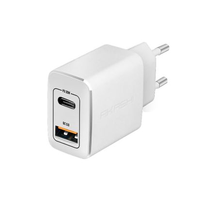 Image de Prise secteur 20W USB-A QC3.0 + USB TYPE-C PD - Blanc - Akashi