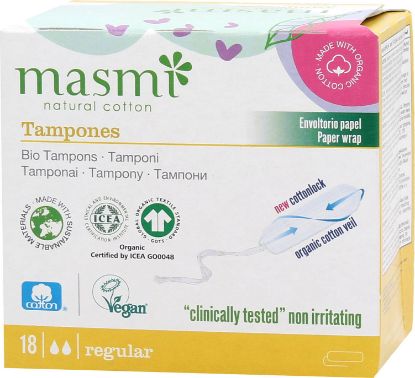 Image de Tampons 100% cotton bio flux régulier sans applicateur Masmi, 18 unités