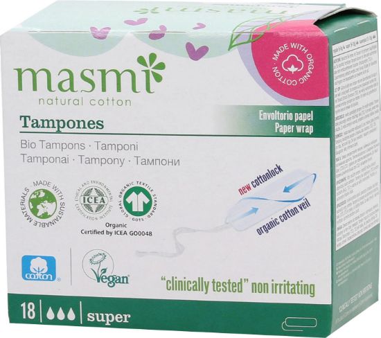 Image de Tampons 100% cotton bio flux abondant sans applicateur Masmi, 18 unités