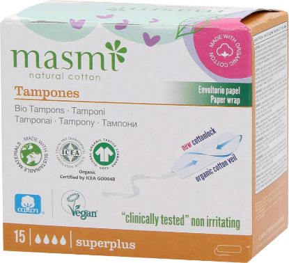 Image de Tampons 100% cotton bio flux très abondant sans applicateur Masmi, 15 unités