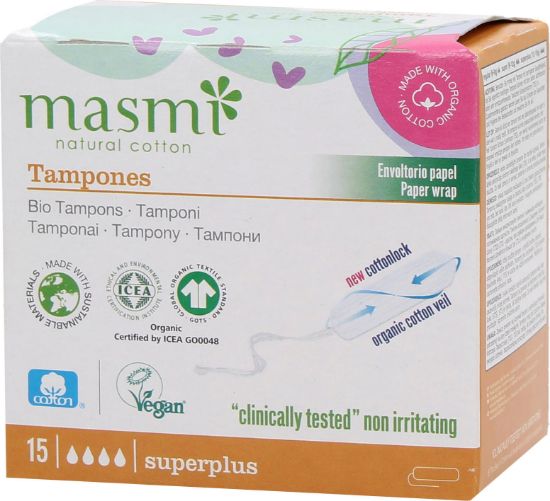 Image de Tampons 100% cotton bio flux très abondant sans applicateur Masmi, 15 unités