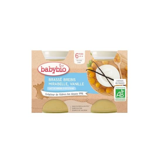 Image de Brassé bébé dès 6 mois, Brebis Mirabelle Vanille Babybio - Petits pots 2x130g