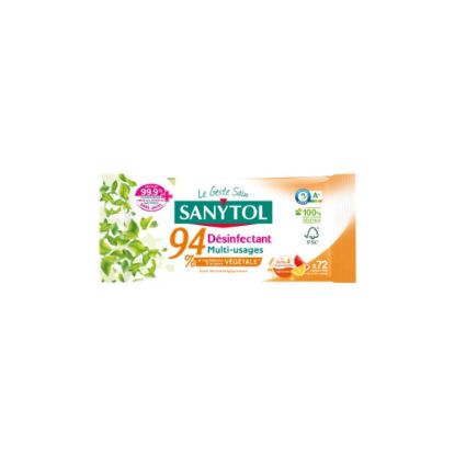 Image de Lingettes désinfectantes multi-usages 94% d'origine végétale - agrumes Sanytol - 72 lingettes