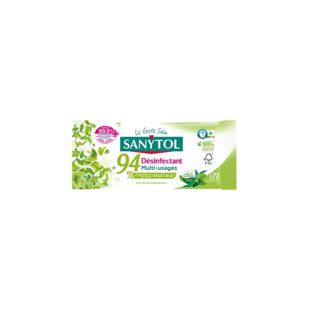 Lingettes désinfectantes multi-usages 94% d'origine végétale - eucalyptus  Sanytol - 72 lingettes