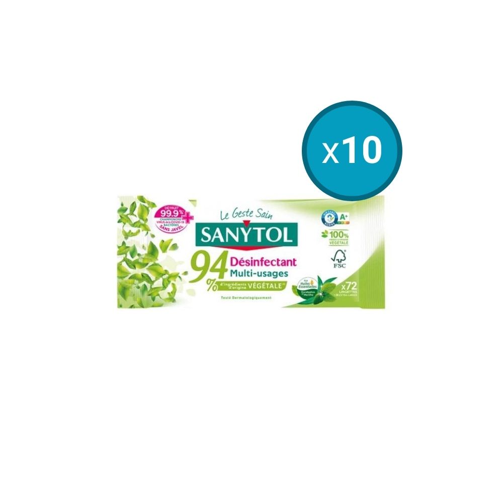 10x Lingettes désinfectantes multi-usages 94% d'origine végétale -  eucalyptus Sanytol - 72 lingettes