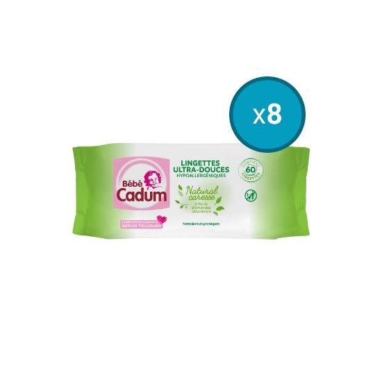 Image de 8x Lingettes Natural Caresse Cadum, Lot de 2 x 60 lingettes