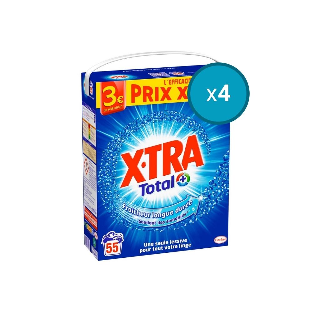 4x Lessive poudre X-TRA Total+ fraîcheur longue durée, 3,025kg