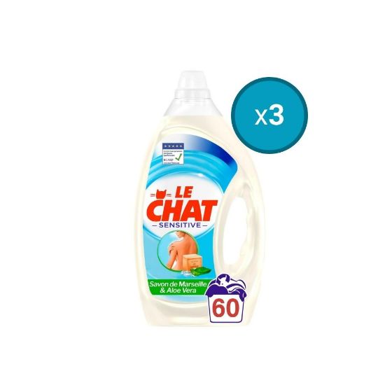 Picture of 3x Lessive liquide Le Chat Sensitive au Savon de Marseille et Aloe Vera , 3L , 60 lavages