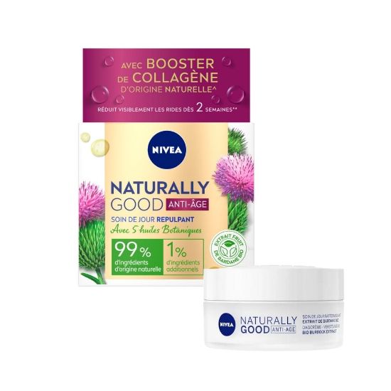 Image de Crème de jour visage anti-âge Nivea NATURALLY GOOD Extrait Bardane BIO, 50mL