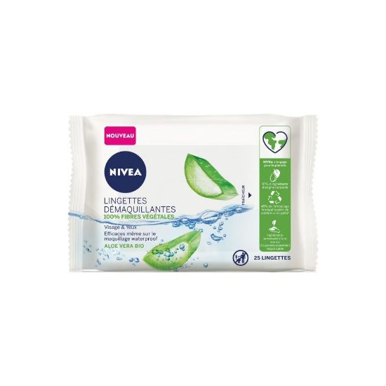 Picture of Lingettes démaquillantes visage et yeux Nivea Aloe Vera BIO 100% fibres végétales, 25 lingettes