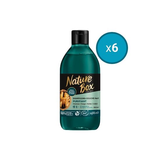 Picture of 6x Shampoing Douche Purifiant homme 4en1 Cheveux Cuir chevelu Barbe et Corps à l'huile de noix Nature Box, 250mL