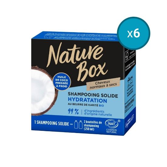 Picture of 6x Shampoing solide Hydratation Cheveux normaux à secs à l'huile de coco et au beurre de karité BIO Nature Box, 85g