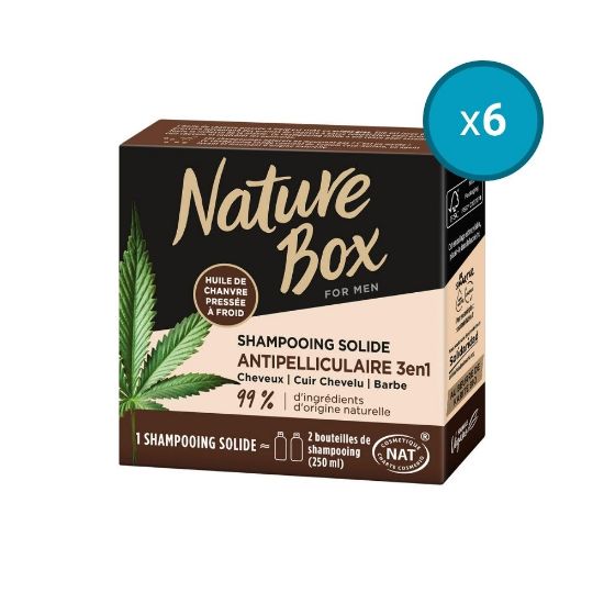 Picture of 6x Shampoing solide Antipelliculaire homme 3en1 Cheveux Cuir chevelu et Barbe à l'huile de chanvre Nature Box, 250mL