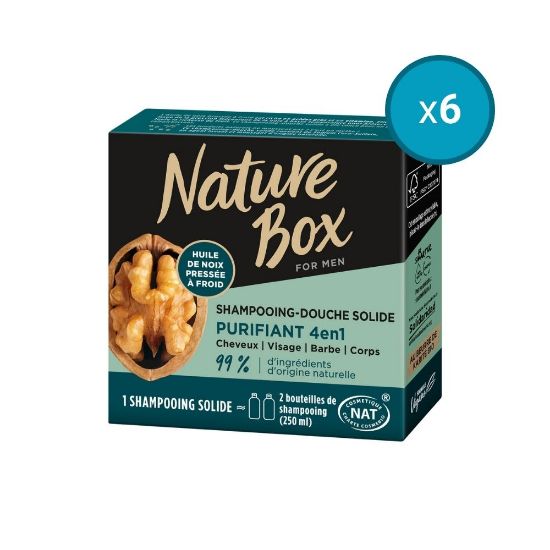 Image de 6x Shampoing Douche solide Purifiant homme 4en1 Cheveux Cuir chevelu Barbe et Corps à l'huile de noix Nature Box, 250mL