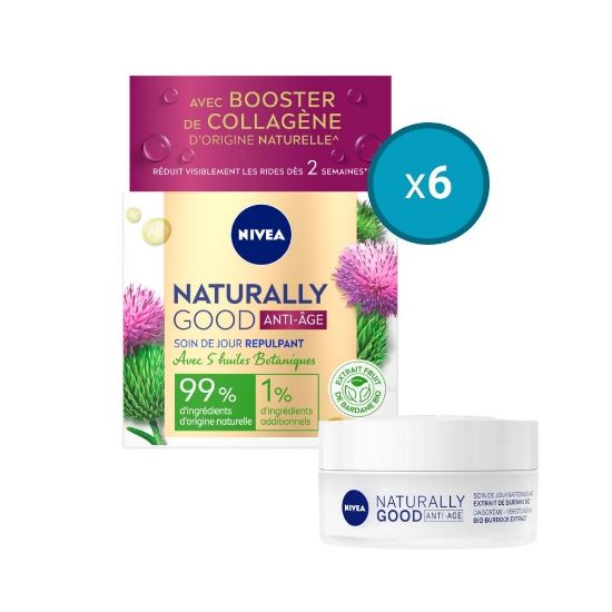 Image de 6x Crème de jour visage anti-âge Nivea NATURALLY GOOD Extrait Bardane BIO, 50mL