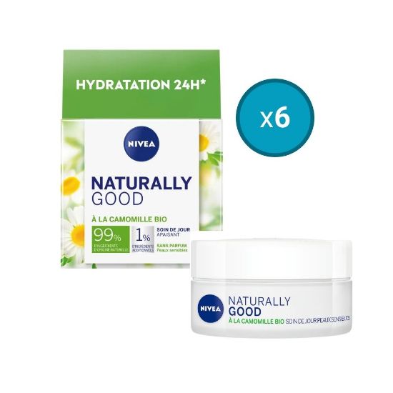 Image de 6x Crème de jour visage hydratant Nivea NATURALLY GOOD Camomille BIO, 50mL