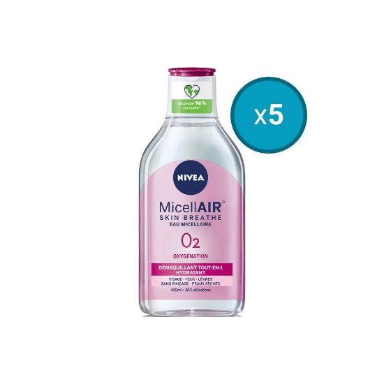 Image de 5x Eau démaquillant micellaire peaux sèches Nivea MicellAIR O2, 400mL