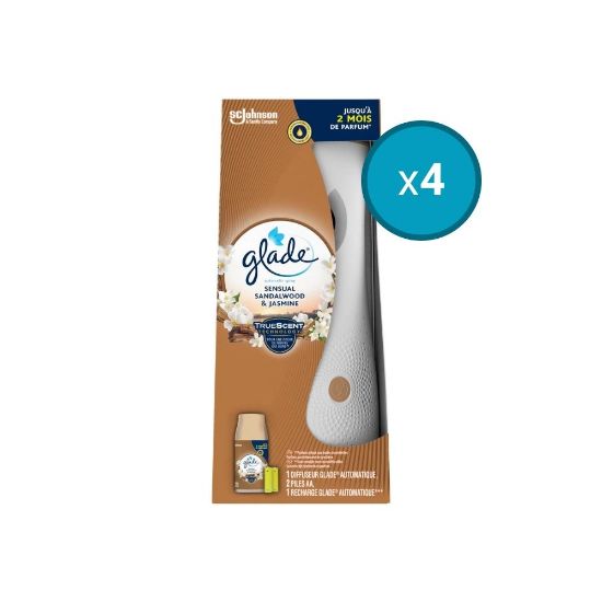 Image de 4x Désodorisant automatique Senteur Bois de Santal et Jasmin Infusé aux Huiles Essentielles Glade, 1 diffuseur + 1 recharge de 269mL + 2 piles AA fournies