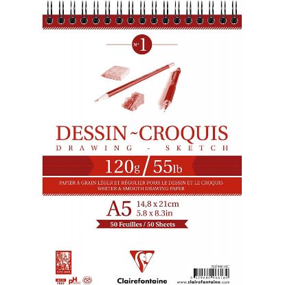 Bloc Dessin Croquis Spirale A5 - 120g - 50 Feuilles - Clairefontaine
