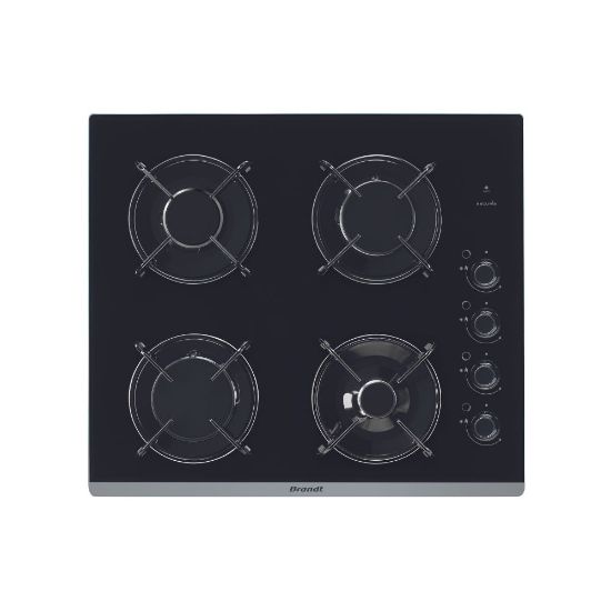 Image de Plaque de Cuisson Encastrable Gaz 60 cm - 4 Feux, 7700W, Verre Trempé - Brandt BPG6413B - Noir