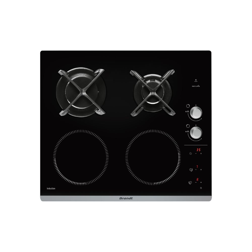 Plaque de cuisson encastrable mixte 60 cm, 2 feux gaz et 2 feux induction,  10200W - Brandt BPI6414BM - Noir